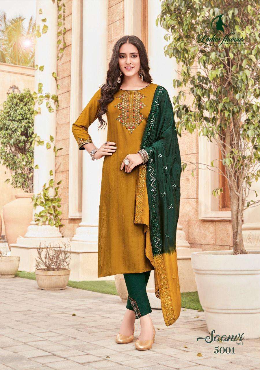 Ladies Flavour-Saanvi Vol 5-Rayon-Weaving-Embroidery-Sequence-Work-Kurti-Cotton-Slub-Lycra-Pant-Chanderi-Viscose-Mirror-Work-Dupatta-5001